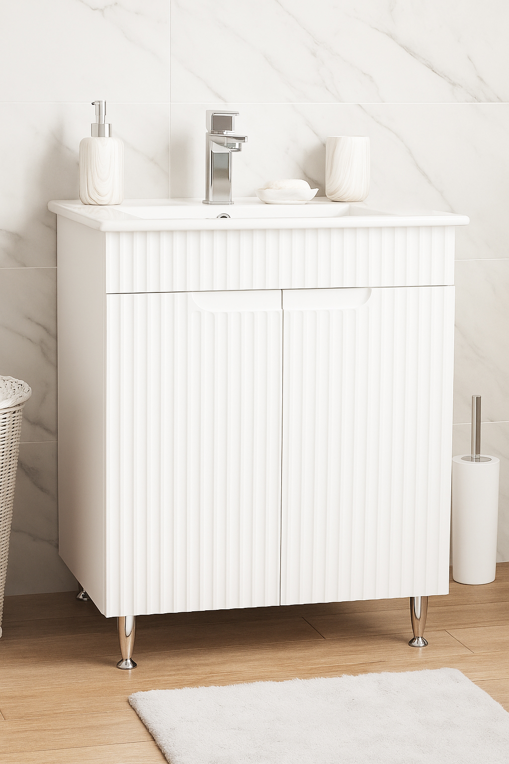 Mobilier Baie MDF Kit și lavoar, Seria 033, 60cm, Alb rustic