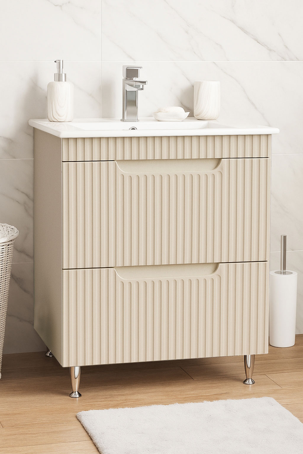 Mobilier Baie MDF și lavoar, Seria 033, Sertare, 60cm, Crem