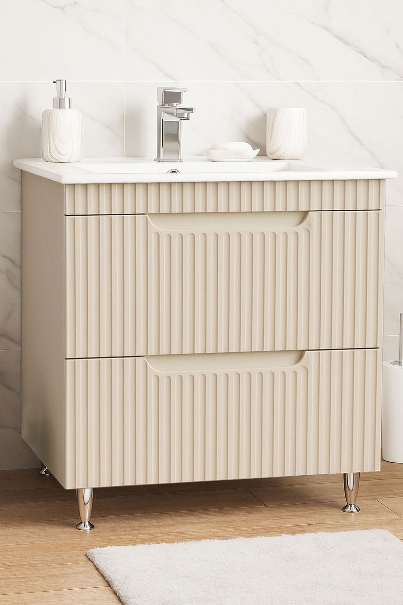 Mobilier Baie MDF și lavoar, Seria 033, Sertare, 80cm, Crem