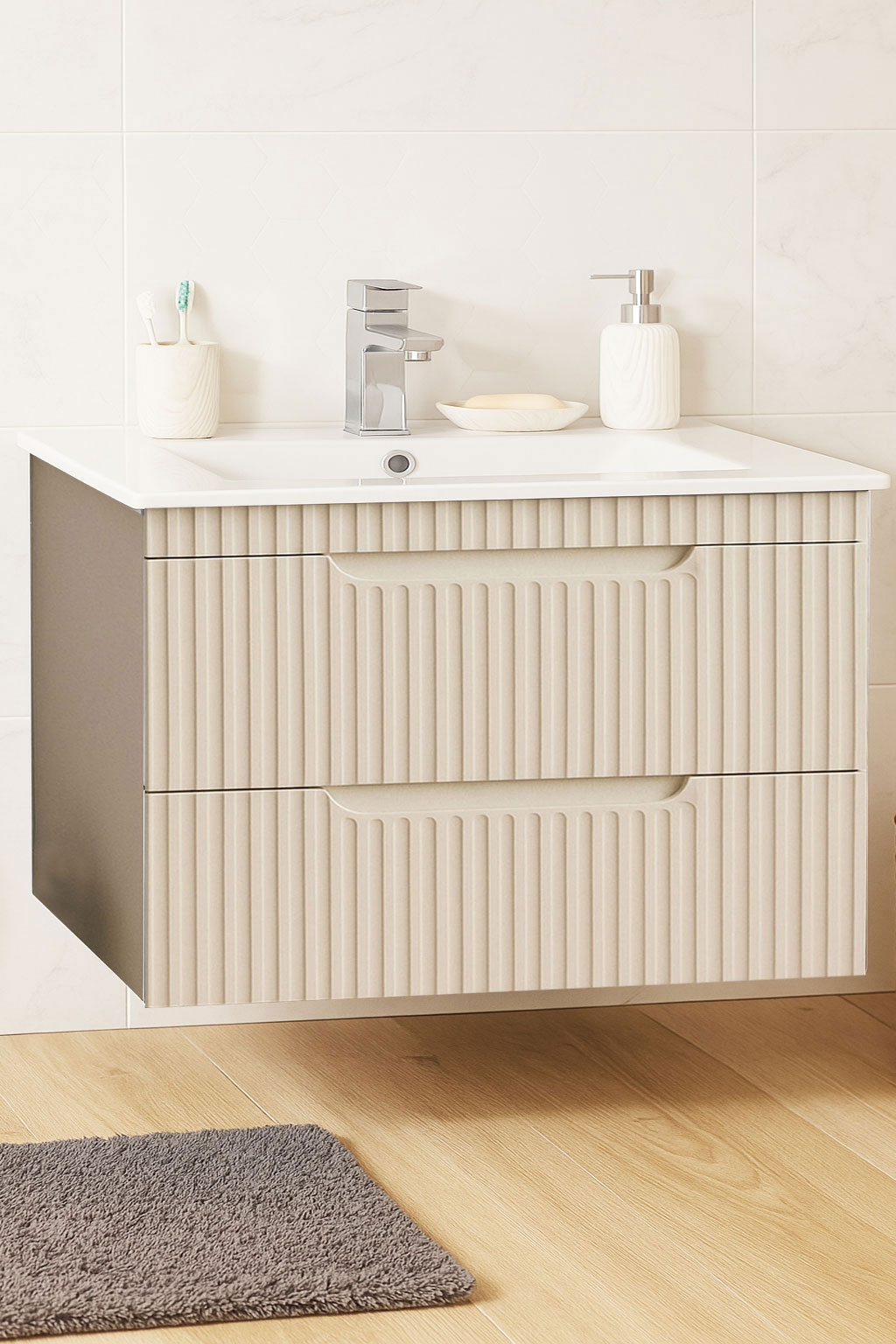 Mobilier Baie și lavoar, Seria 033, Suspendat, Sertare, 80cm, Crem