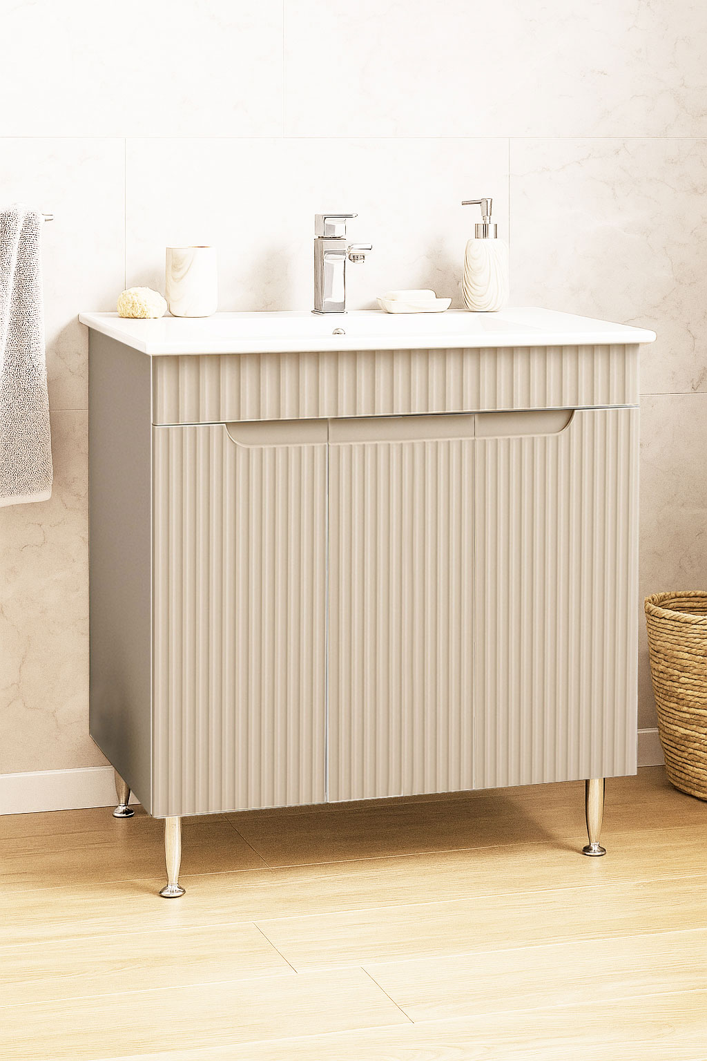 Mobilier Baie MDF și lavoar, Seria 033, 80cm, Crem