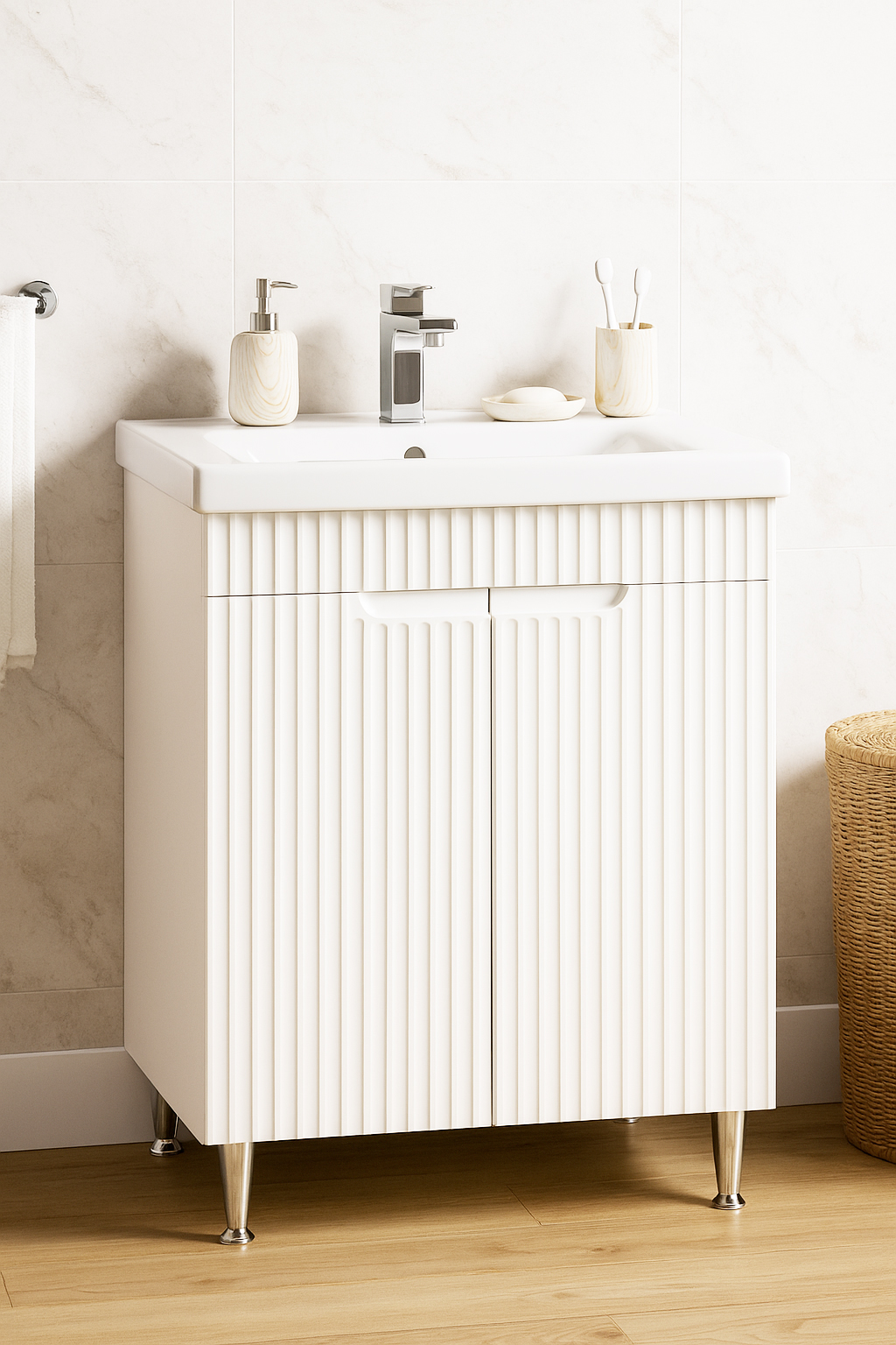 Mobilier Baie MDF kit și lavoar, Seria 733, 60cm, Alb rustic