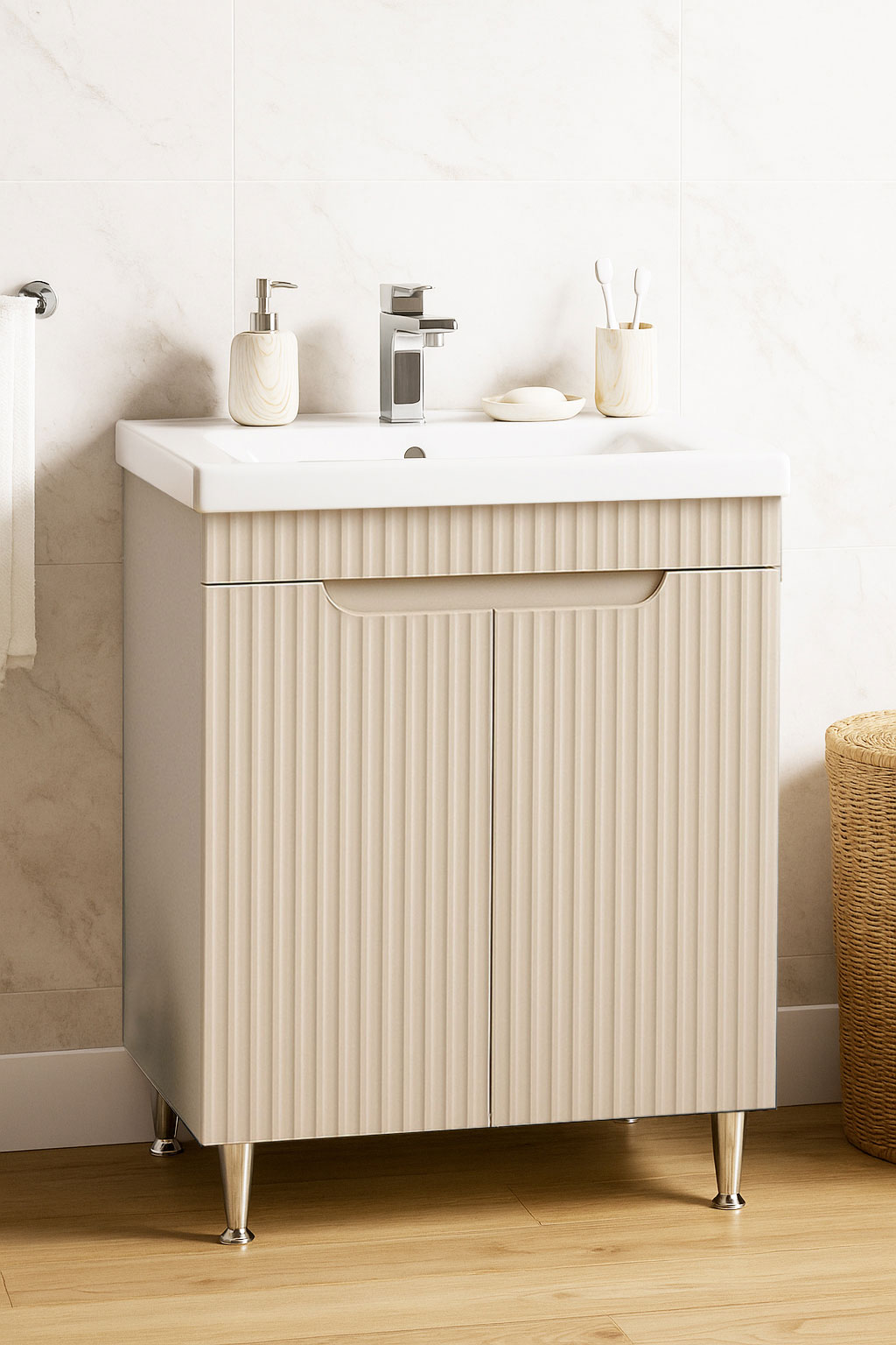 Mobilier Baie MDF și lavoar, Seria 733, 60cm, Crem