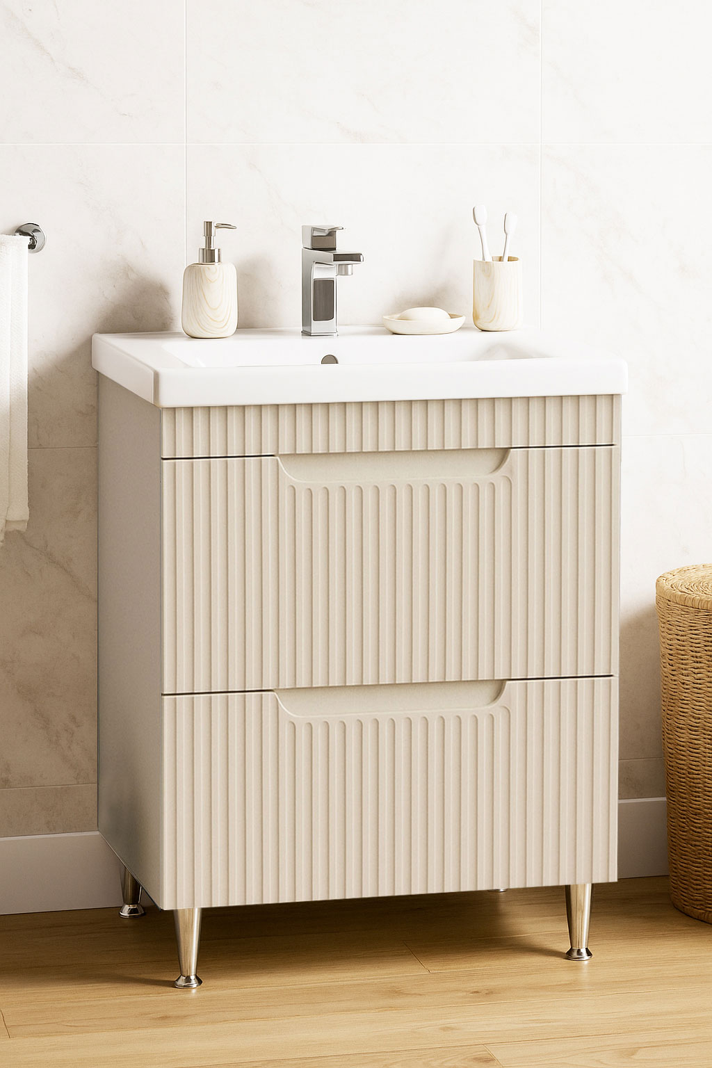 Mobilier Baie MDF și lavoar, Seria 733, Sertare, 60cm, Crem