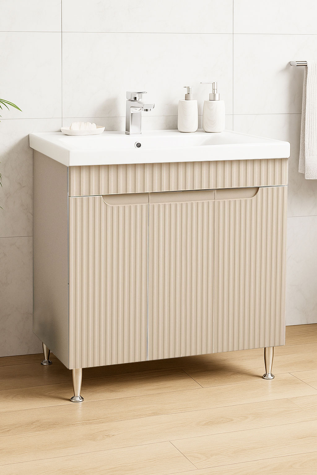 Mobilier Baie MDF și lavoar, Seria 733, 80cm, Crem