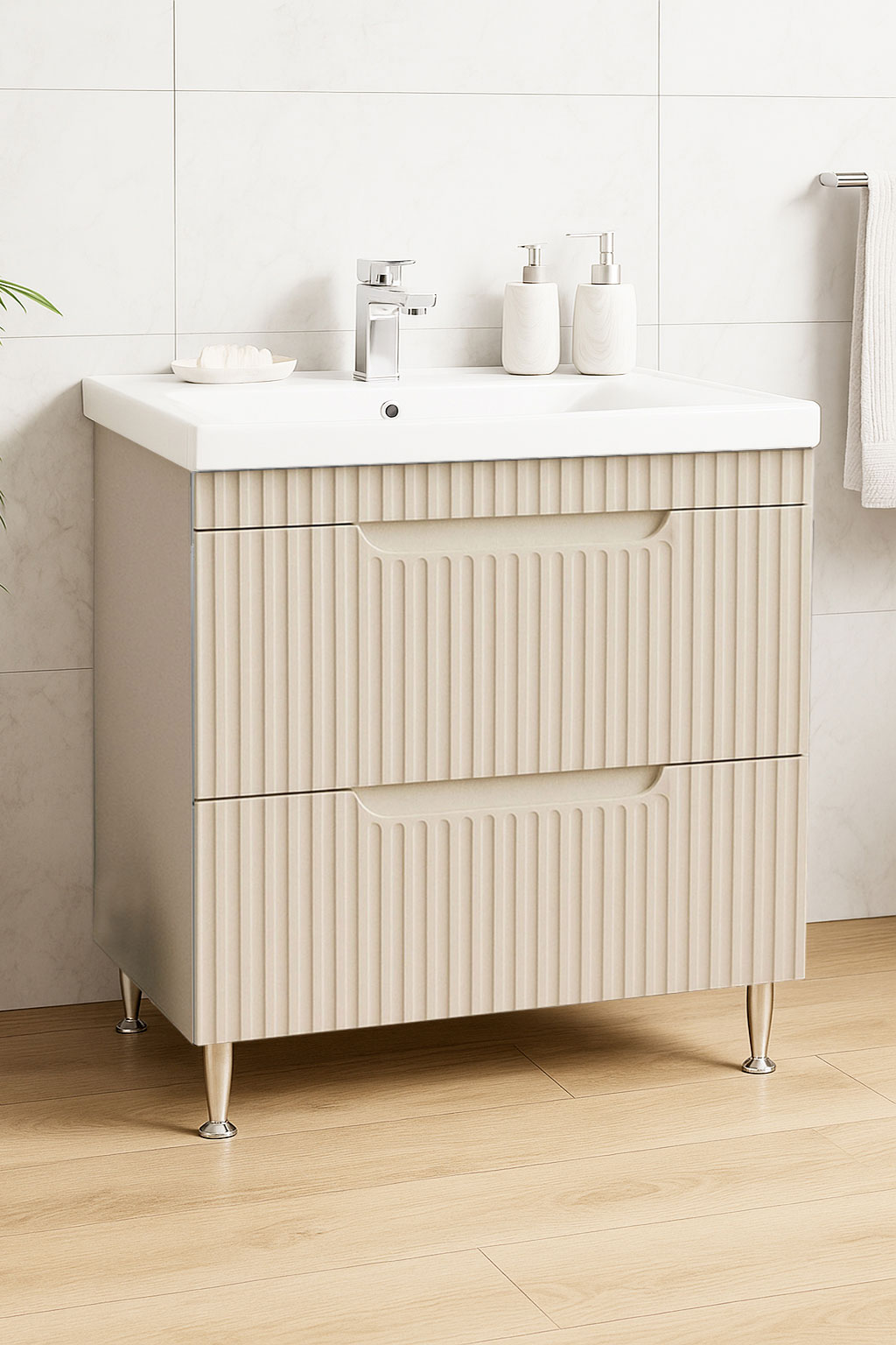 Mobilier Baie MDF și lavoar, Seria 733, Sertare, 80cm, Crem