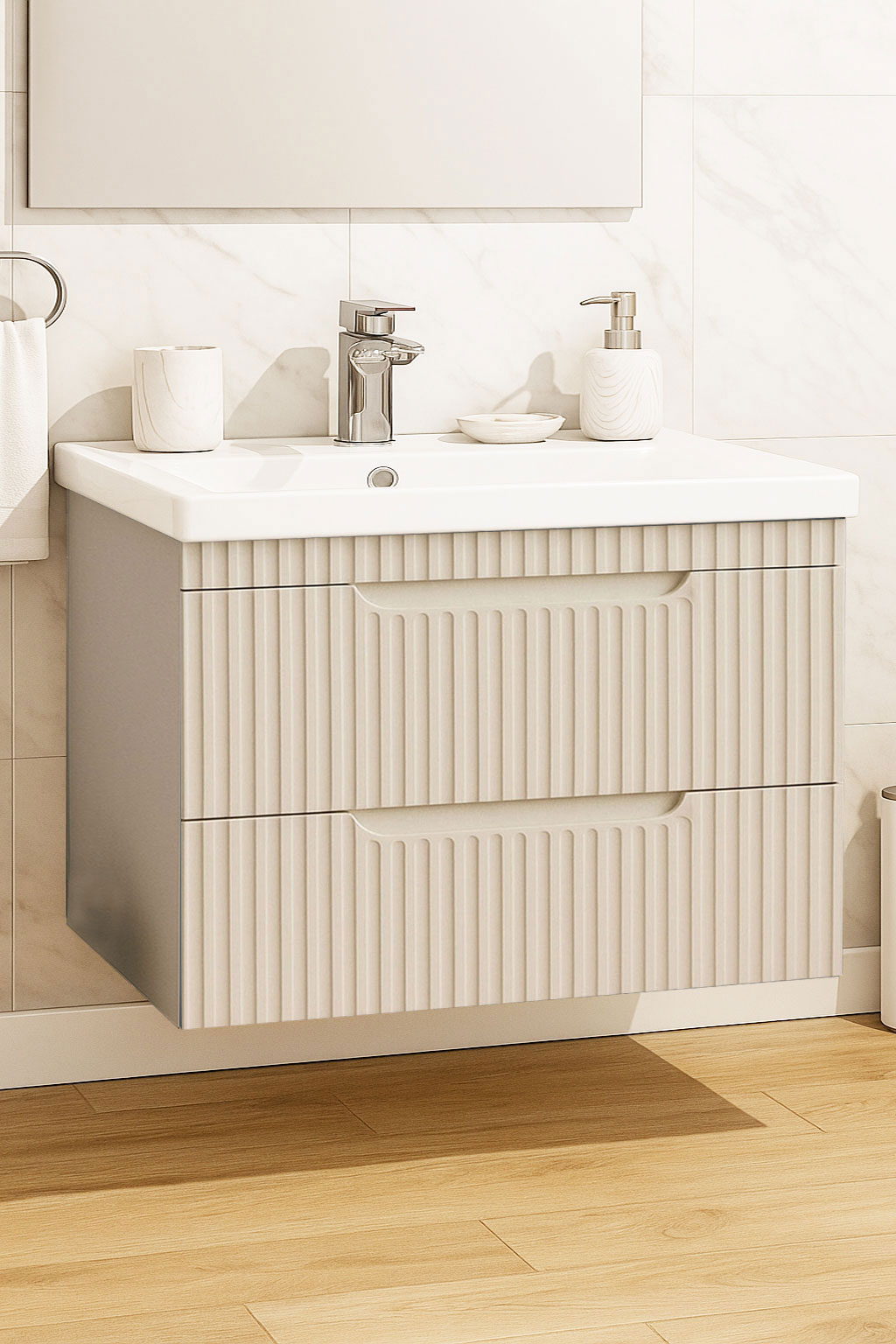 Mobilier baie MDF și lavoar, Seria 733, Suspendat, Sertare, 80cm, Crem