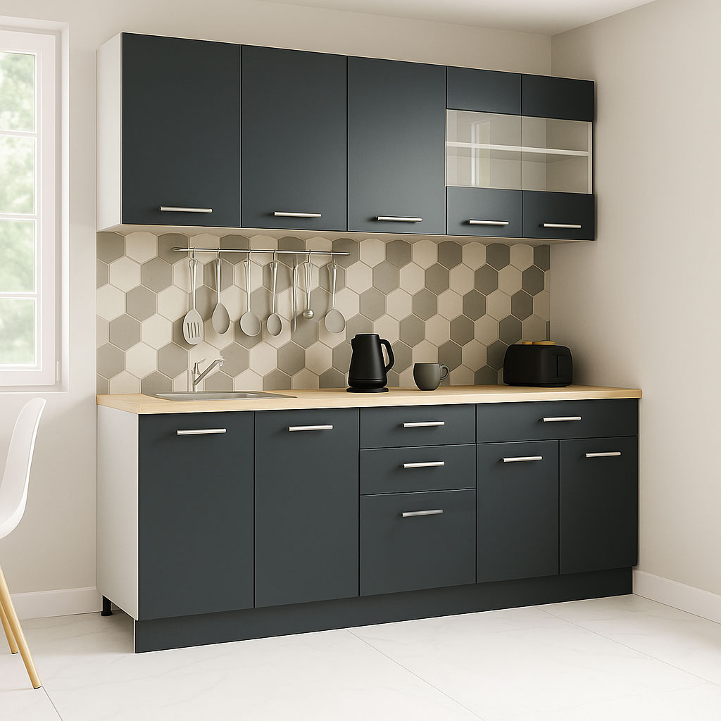 Mobilier de Bucătărie Set cu soft-close, Germania, corpuri inalte, blat gros, 200cm, Antracit