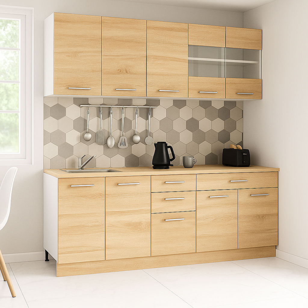 Mobilier de Bucătărie Set cu soft-close, Germania, corpuri inalte, blat gros, 200cm, Sonoma