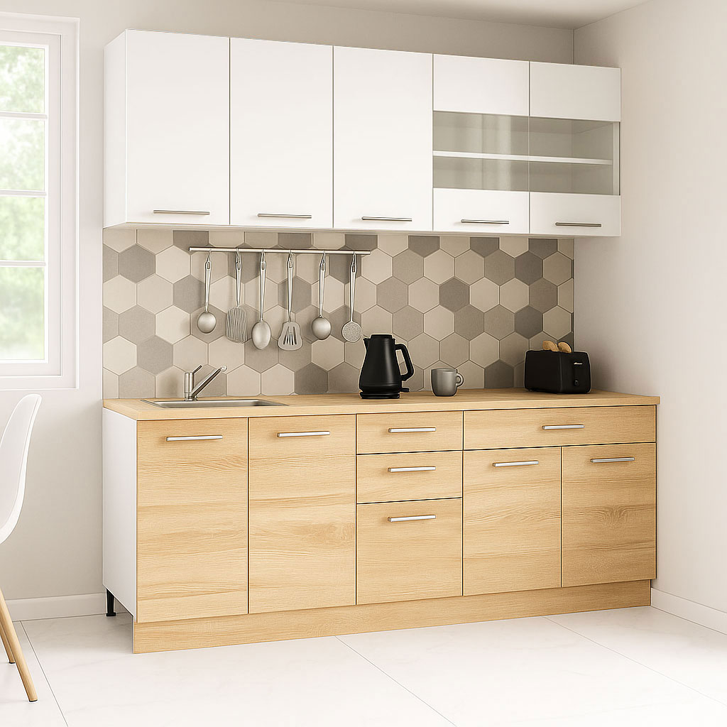 Mobilier de Bucătărie Set cu soft-close, Germania, corpuri inalte, blat gros, 200cm, Sonoma/Alb