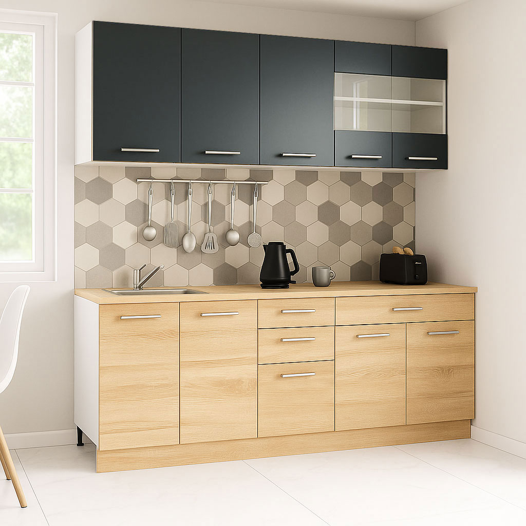 Mobilier de Bucătărie Set cu soft-close, Germania, corpuri inalte, blat gros, 200cm, Sonoma/Antracit