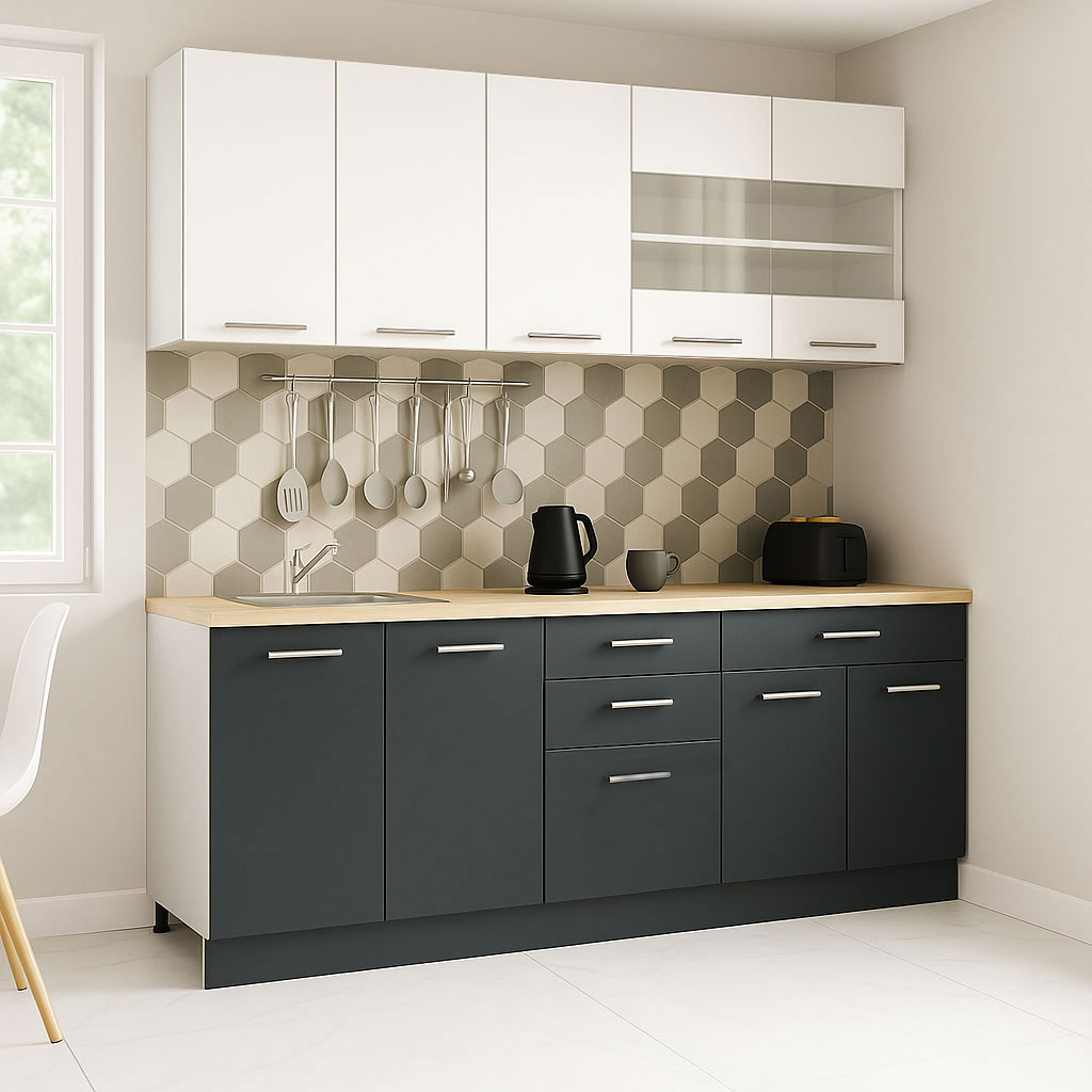 Mobilier de Bucătărie Set cu soft-close, Germania, corpuri inalte, blat gros, 200cm, Antracit/Alb