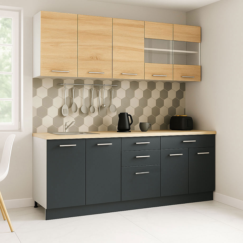 Mobilier de Bucătărie Set cu soft-close, Germania, corpuri inalte, blat gros, 200cm, Antracit/Sonoma