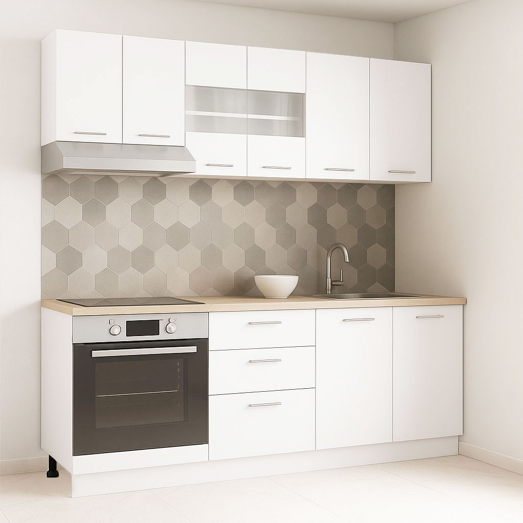 Mobilier de Bucătărie Set cu soft-close, Germania, corpuri inalte, blat gros, corp cuptor, 3 sertare, 200cm, Alb