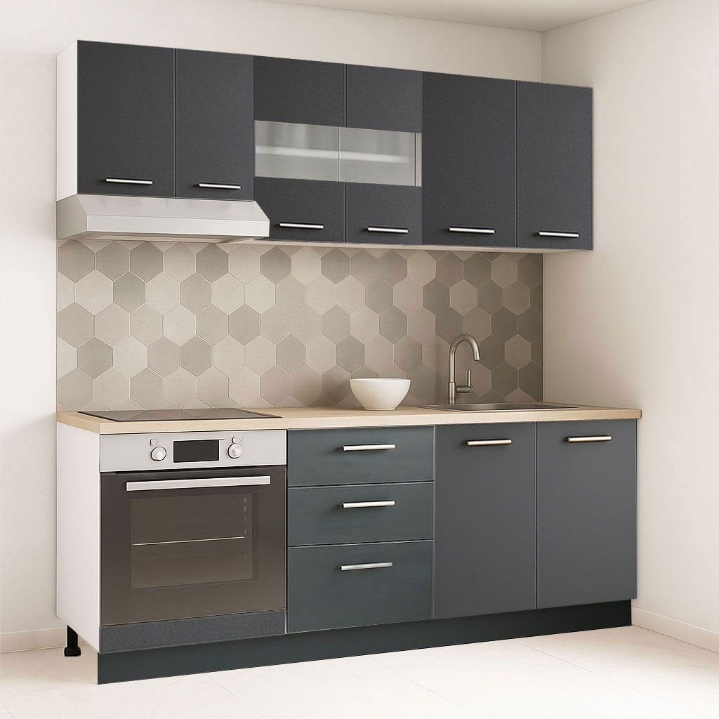 Mobilier de Bucătărie Set cu soft-close, Germania, corpuri inalte, blat gros, corp cuptor, 3 sertare, 200cm, Antracit