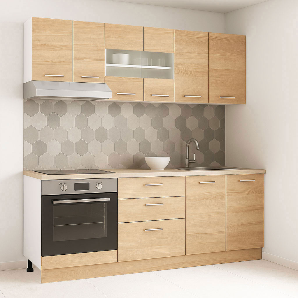 Mobilier de Bucătărie Set cu soft-close, Germania, corpuri inalte, blat gros, corp cuptor, 3 sertare, 200cm, Sonoma