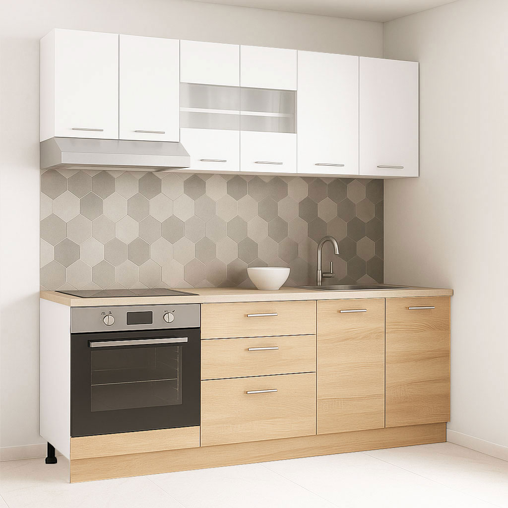 Mobilier de Bucătărie Set cu soft-close, Germania, corpuri inalte, blat gros, corp cuptor, 3 sertare, 200cm, Sonoma/Alb