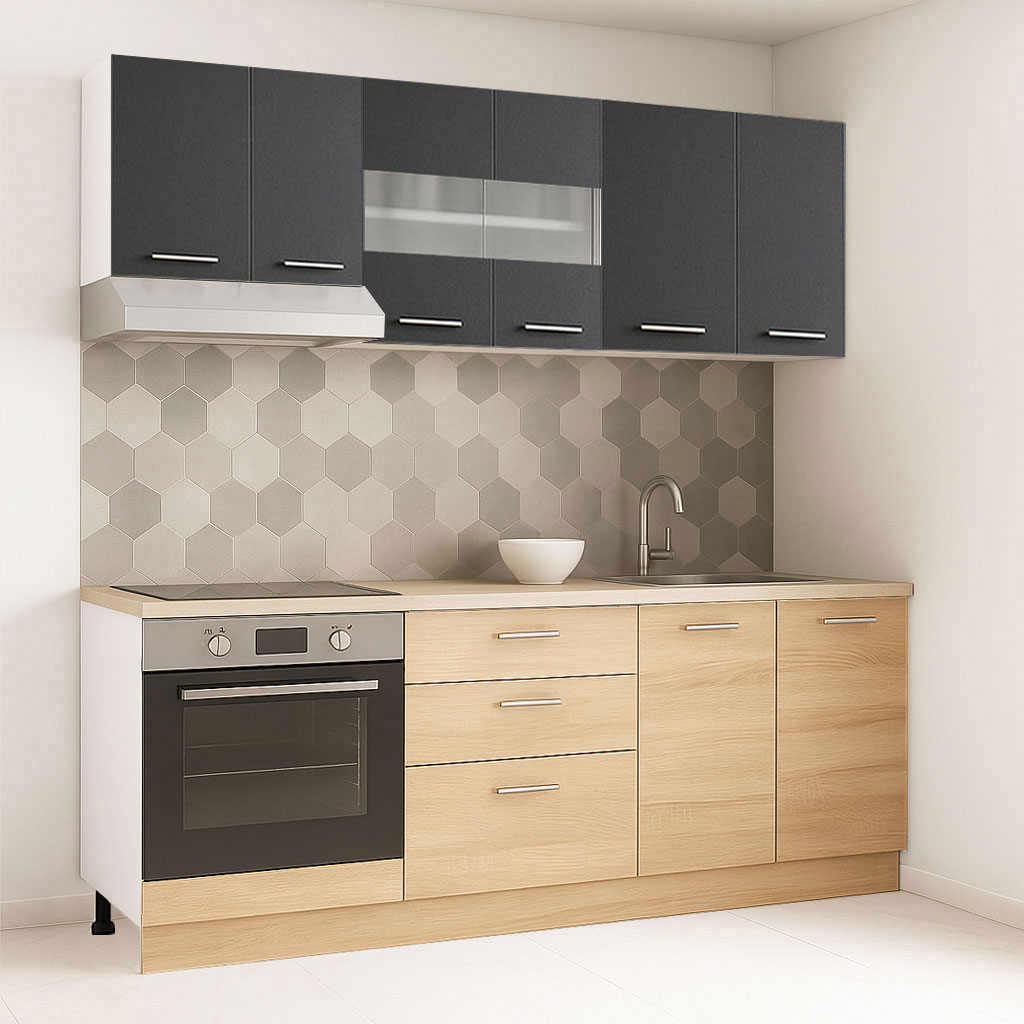 Mobilier de Bucătărie Set cu soft-close, Germania, corpuri inalte, blat gros, corp cuptor, 3 sertare, 200cm, Sonoma/Antracit