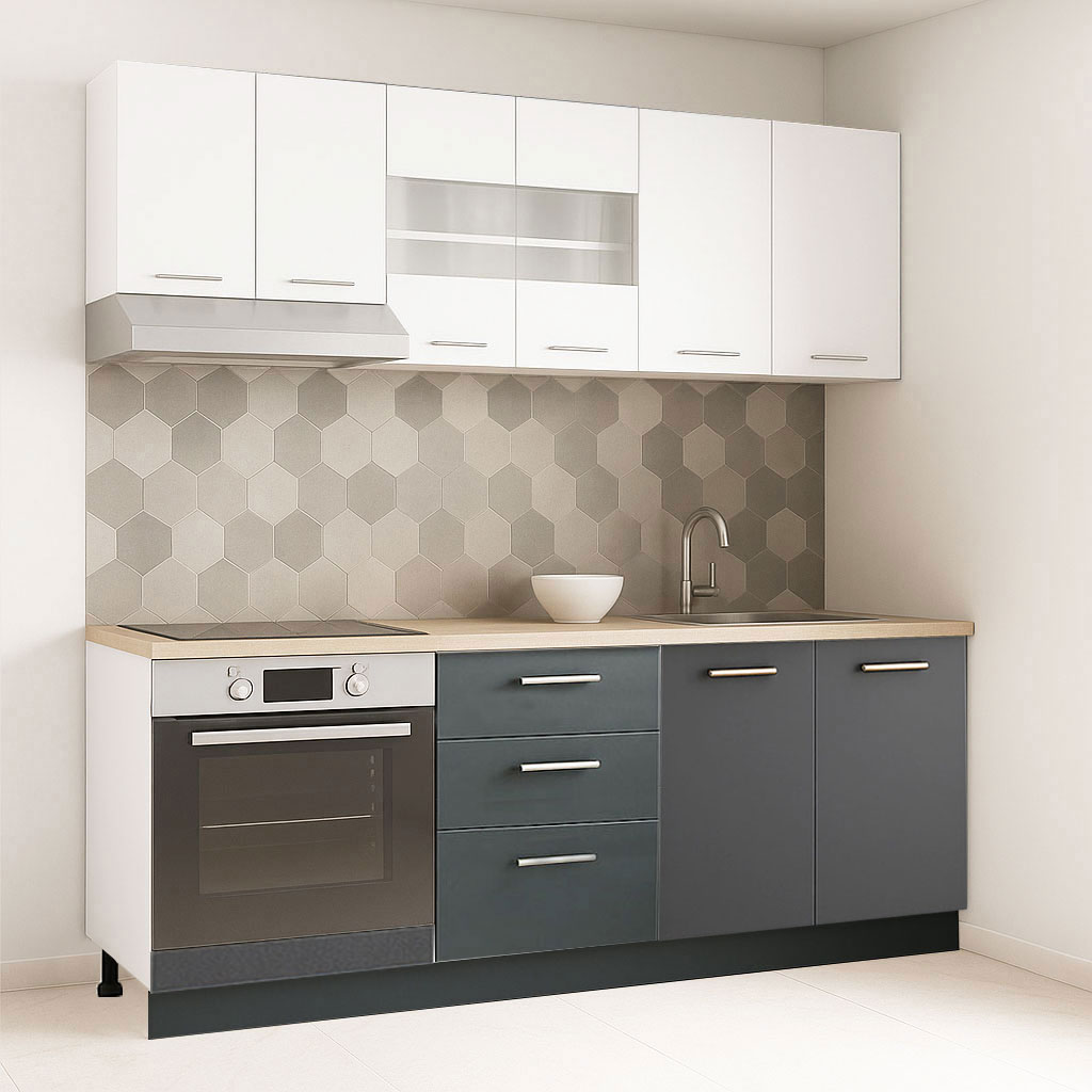 Mobilier de Bucătărie Set cu soft-close, Germania, corpuri inalte, blat gros, corp cuptor, 3 sertare, 200cm, Antracit/Alb