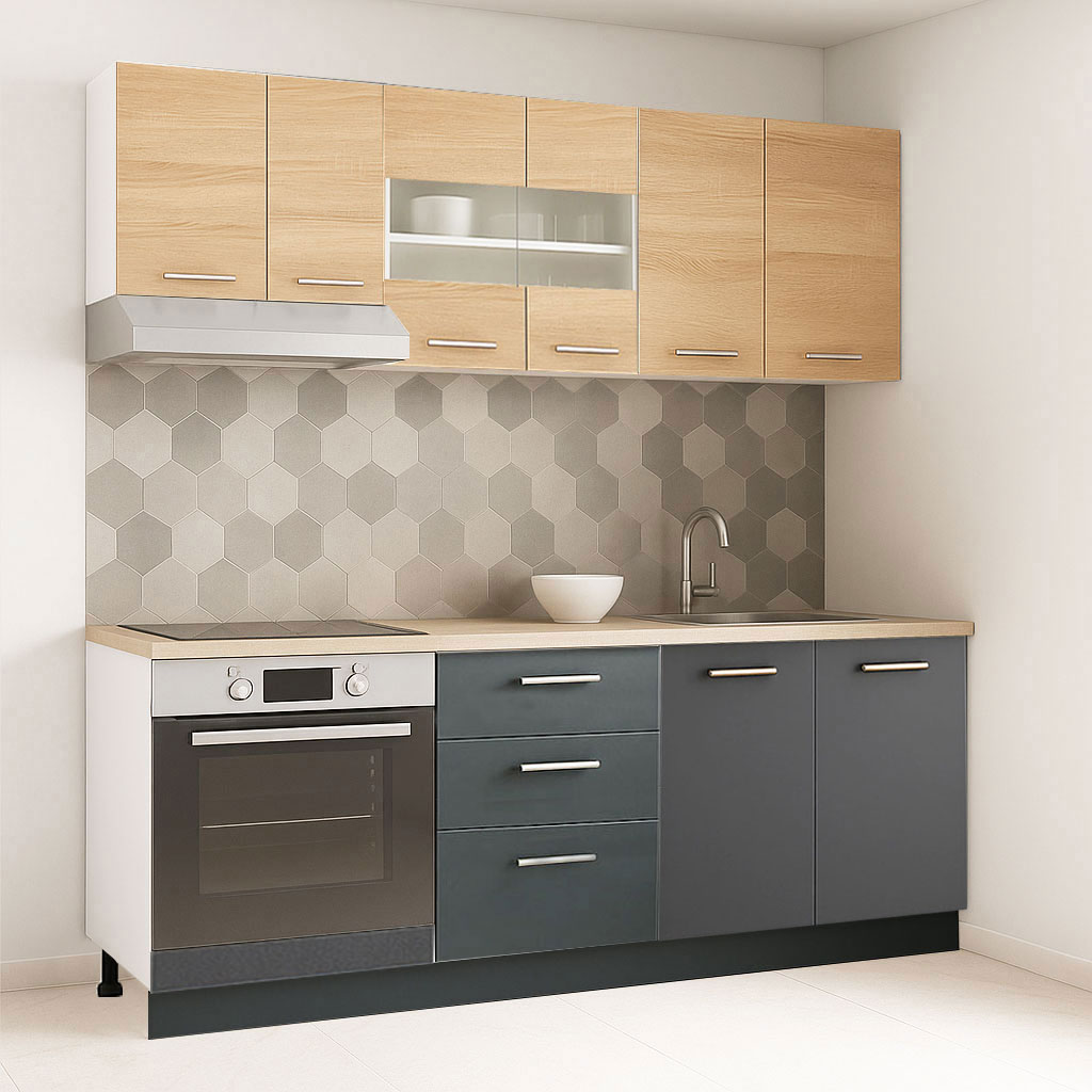 Mobilier de Bucătărie Set cu soft-close, Germania, corpuri inalte, blat gros, corp cuptor, 3 sertare, 200cm, Antracit/Sonoma