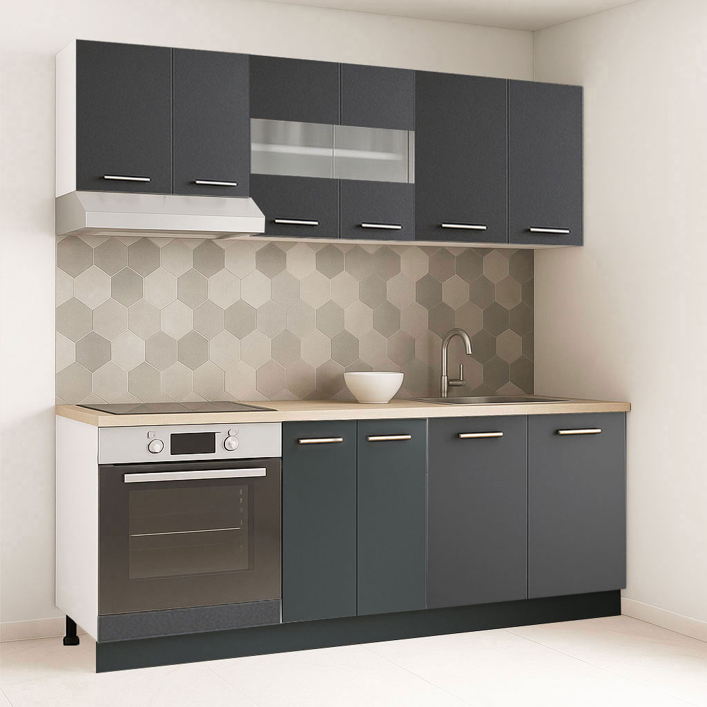 Mobilier de Bucătărie Set cu soft-close, Germania, corpuri inalte, blat gros, corp cuptor, 200cm, Antracit