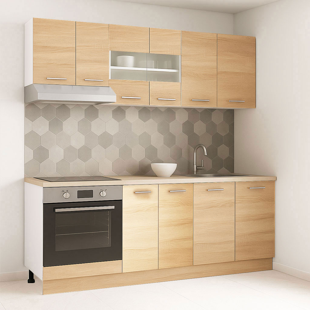 Mobilier de Bucătărie Set cu soft-close, Germania, corpuri inalte, blat gros, corp cuptor, 200cm, Sonoma