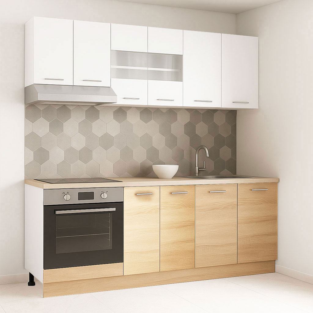 Mobilier de Bucătărie Set cu soft-close, Germania, corpuri inalte, blat gros, corp cuptor, 200cm, Sonoma/Alb