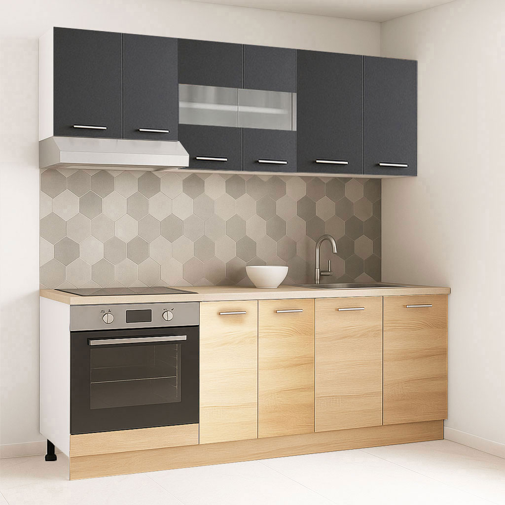 Mobilier de Bucătărie Set cu soft-close, Germania, corpuri inalte, blat gros, corp cuptor, 200cm, Sonoma/Antracit