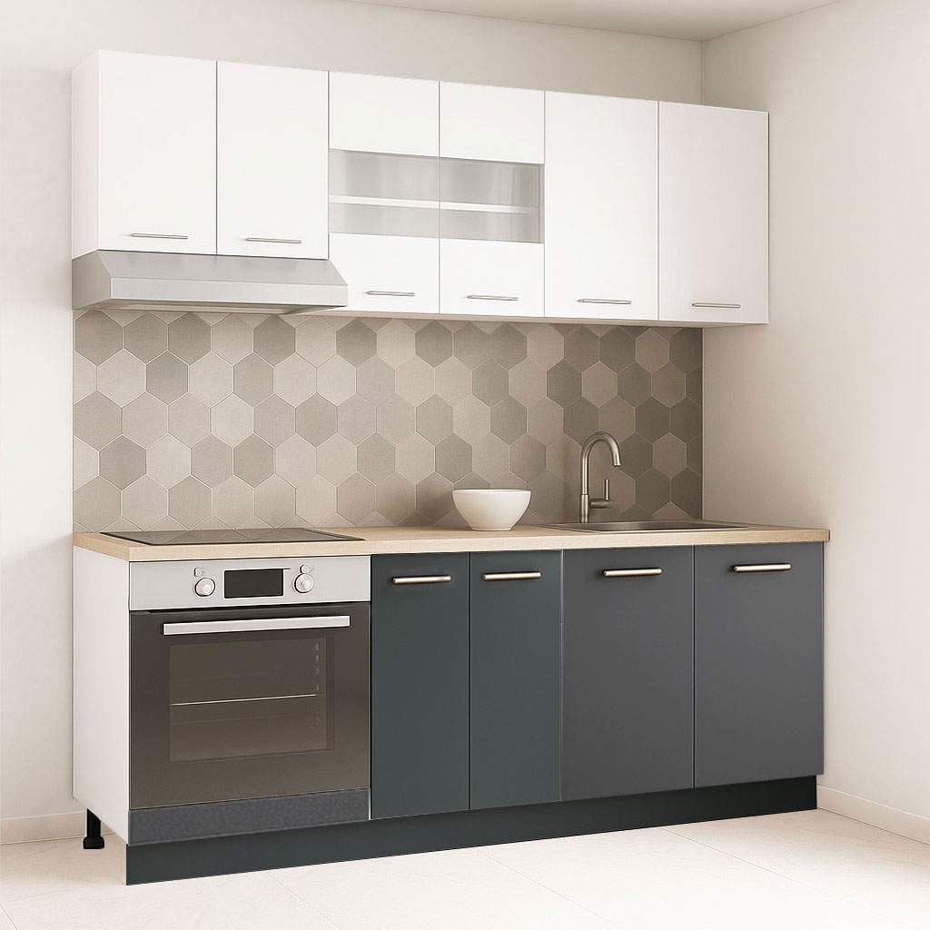 Mobilier de Bucătărie Set cu soft-close, Germania, corpuri inalte, blat gros, corp cuptor, 200cm, Antracit/Alb