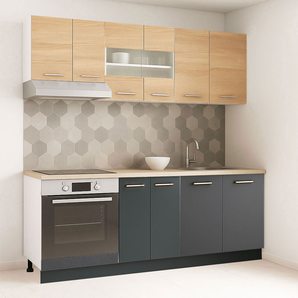 Mobilier de Bucătărie Set cu soft-close, Germania, corpuri inalte, blat gros, corp cuptor, 200cm, Antracit/Sonoma