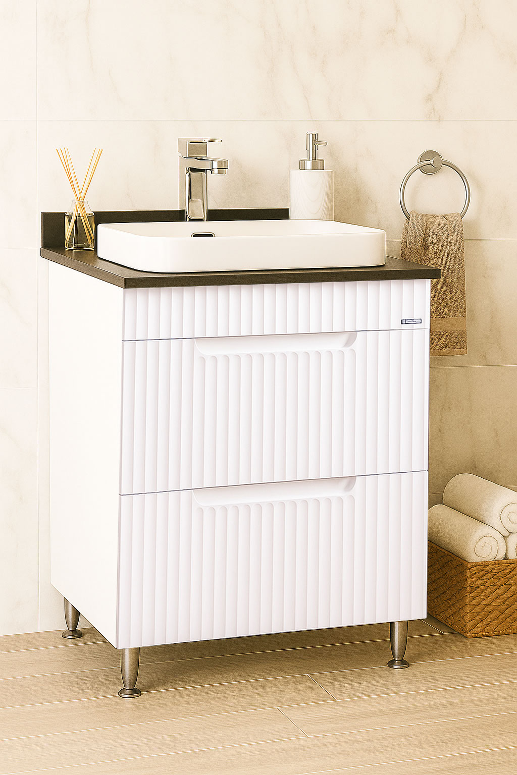 Mobilier Baie MDF KIT cu blat compozit și lavoar ceramică, Seria 633, Sertare, 60cm, Alb rustic