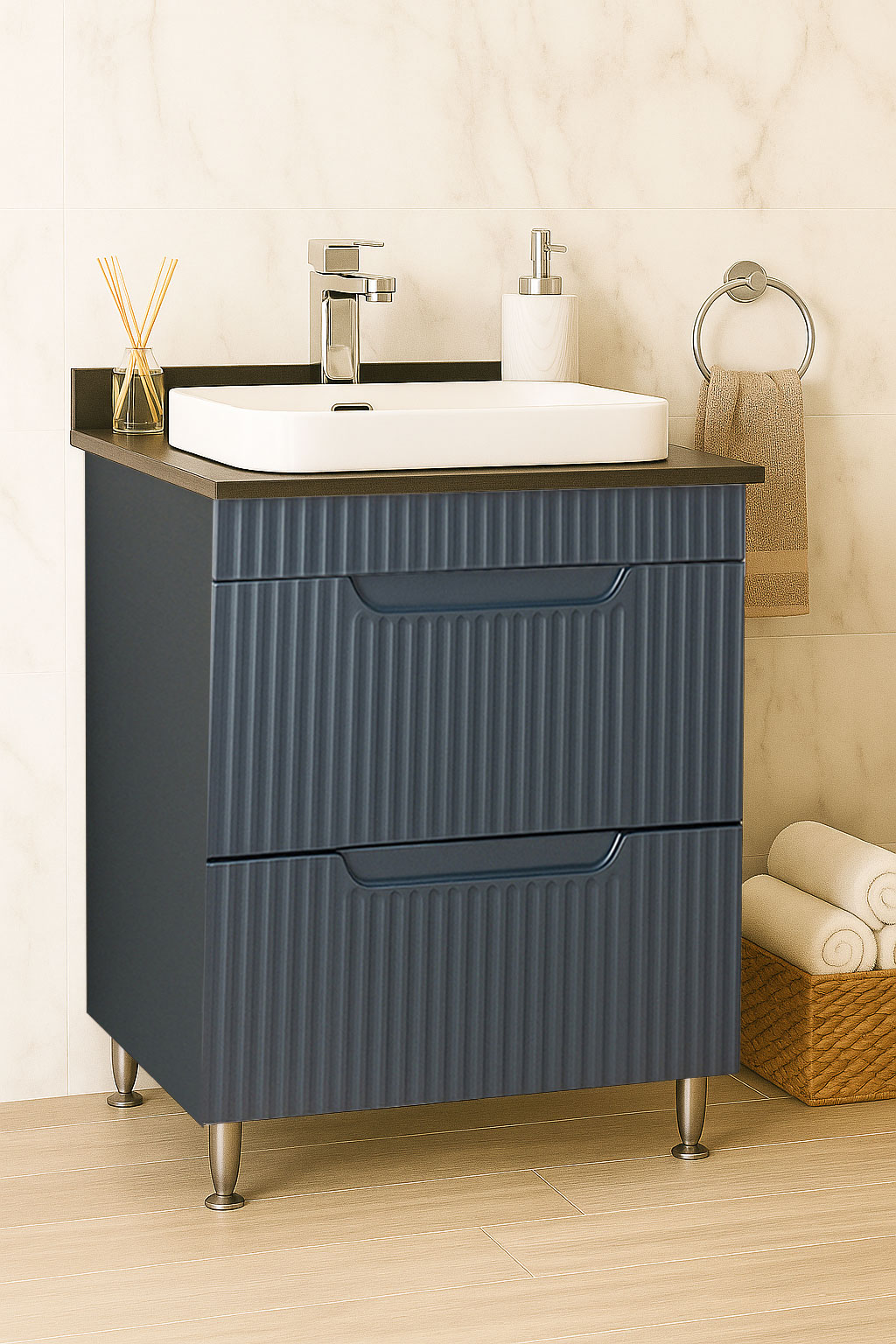 Mobilier Baie MDF cu blat compozit și lavoar ceramică, Seria 633, Sertare, 60cm, Antracit