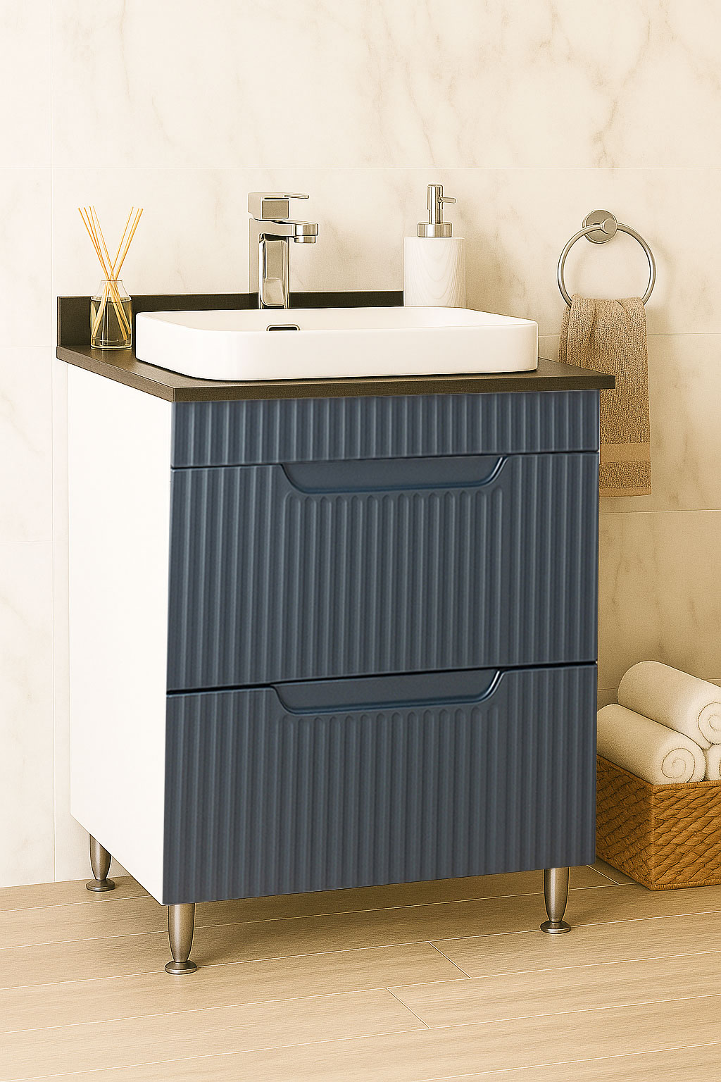 Mobilier Baie MDF KIT cu blat compozit și lavoar ceramică, Seria 633, Sertare, 60cm, Antracit