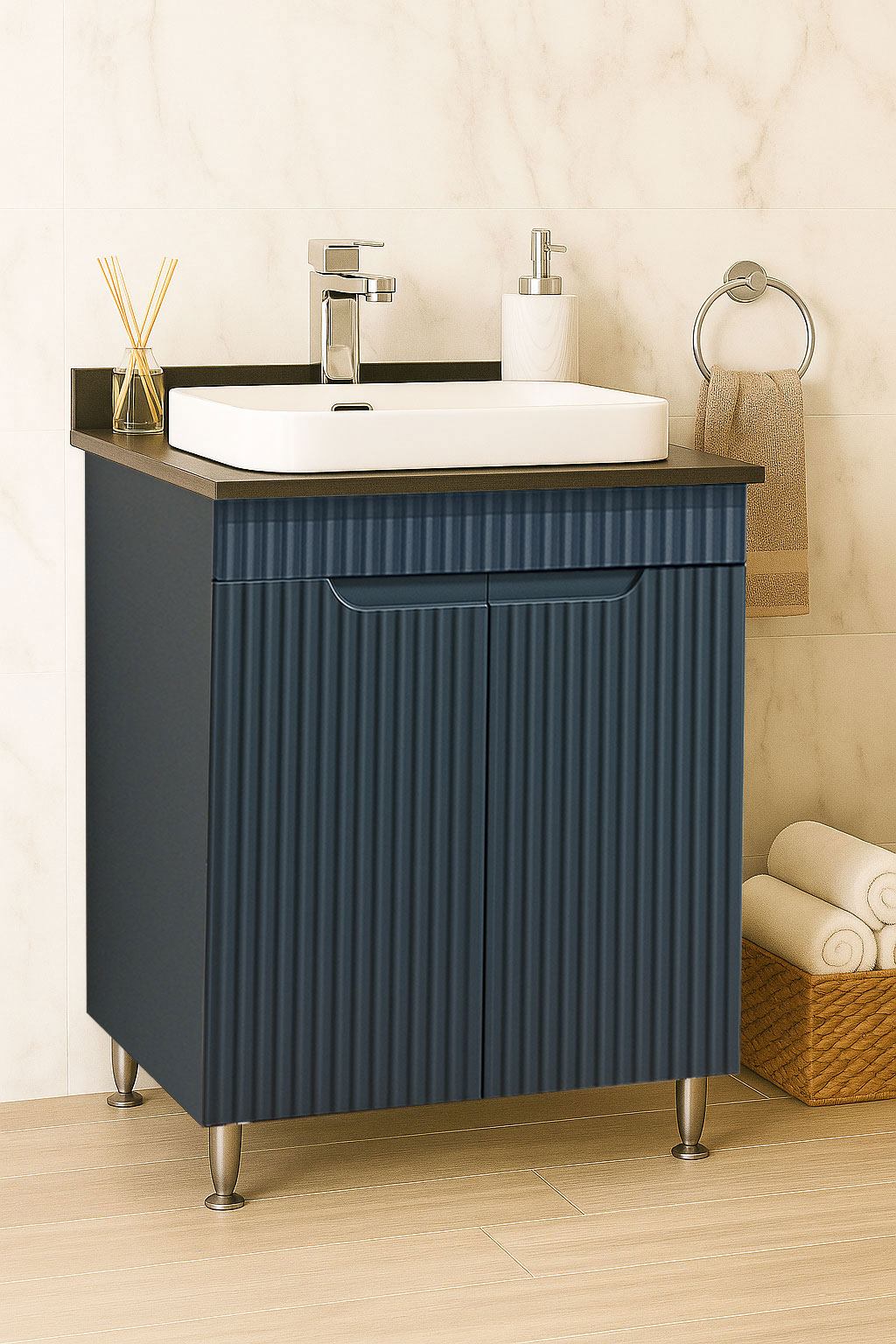 Mobilier Baie MDF cu blat compozit și lavoar ceramică, Seria 633, 60cm, Antracit