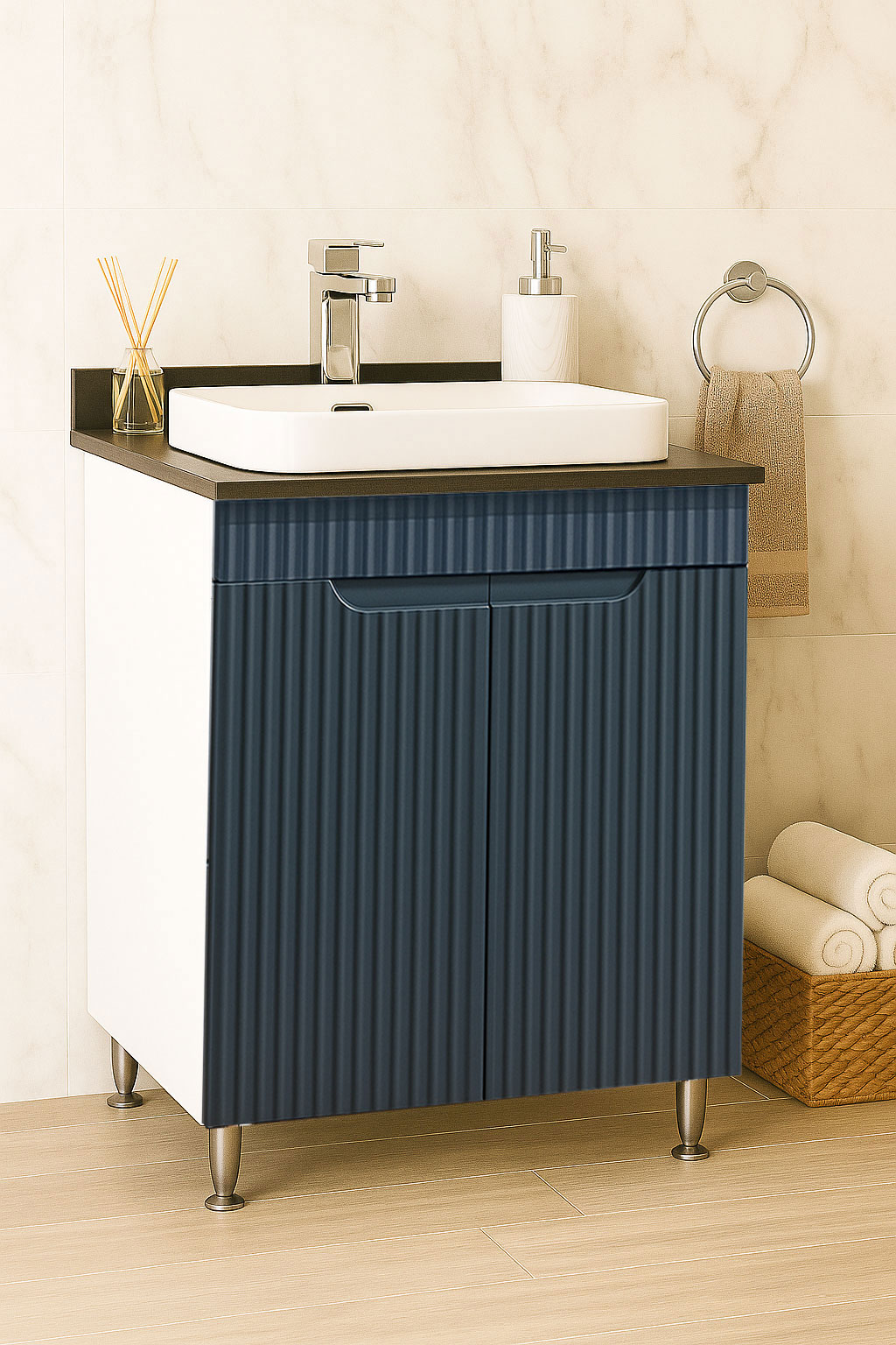 Mobilier Baie MDF KIT cu blat compozit și lavoar ceramică, Seria 633, 60cm, Antracit