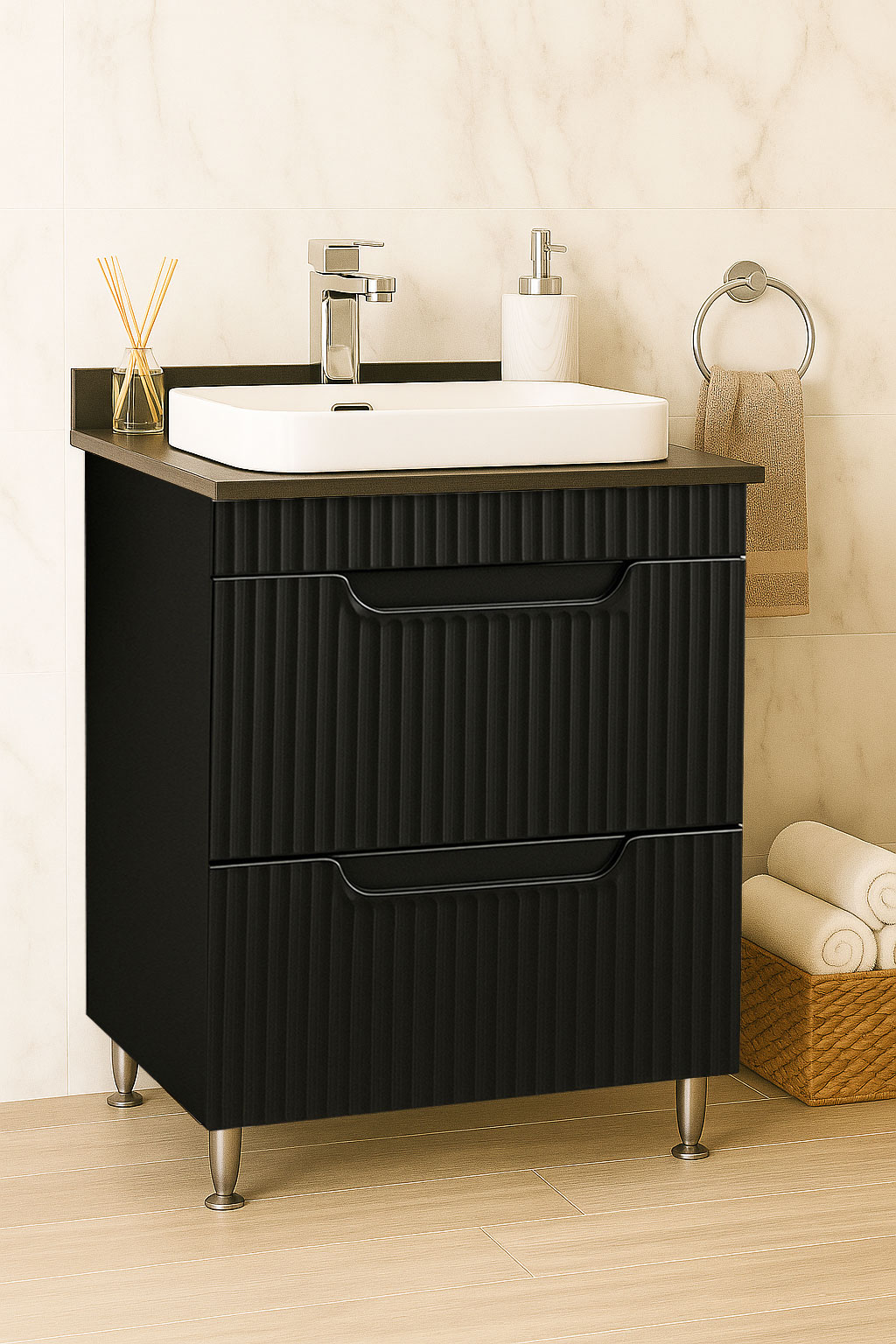 Mobilier Baie MDF cu blat compozit și lavoar ceramică, Seria 633, Sertare, 60cm, Negru