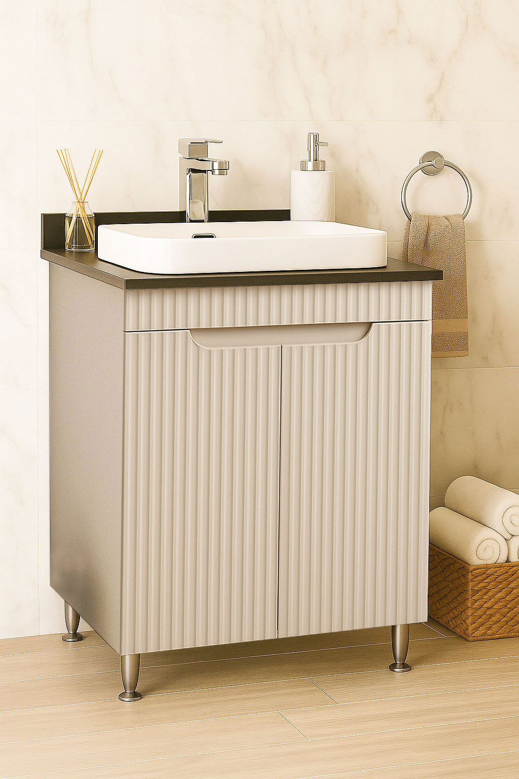 Mobilier Baie MDF cu blat compozit și lavoar ceramică, Seria 633, 60cm, Crem