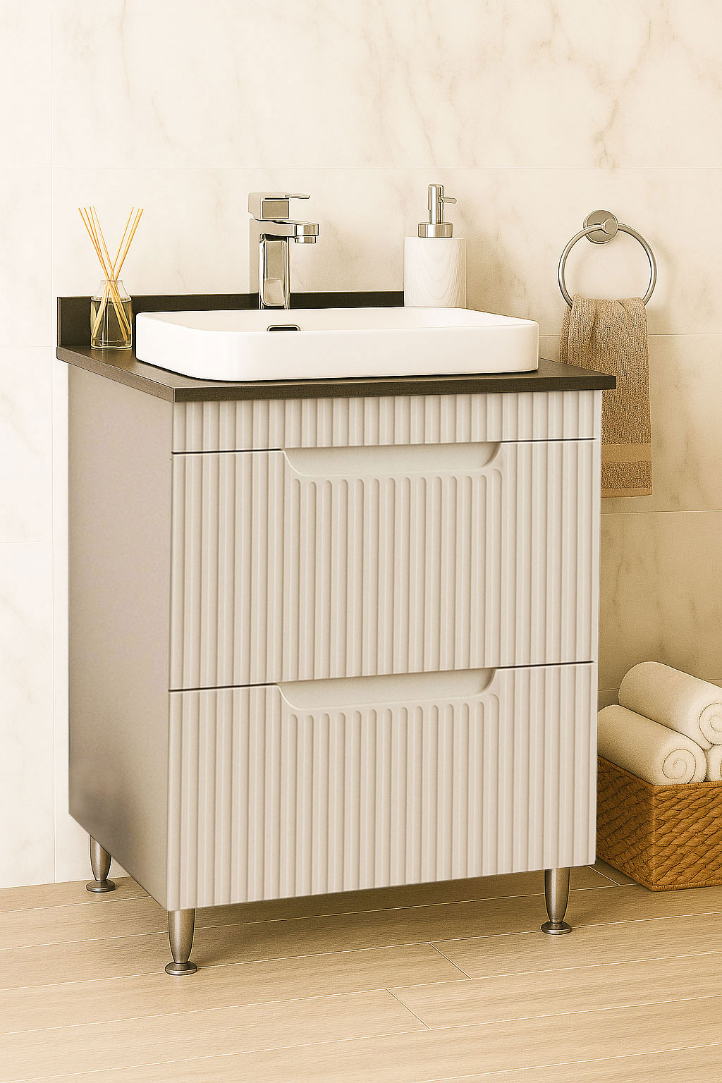 Mobilier Baie MDF cu blat compozit și lavoar ceramică, Seria 633, Sertare, 60cm, Crem