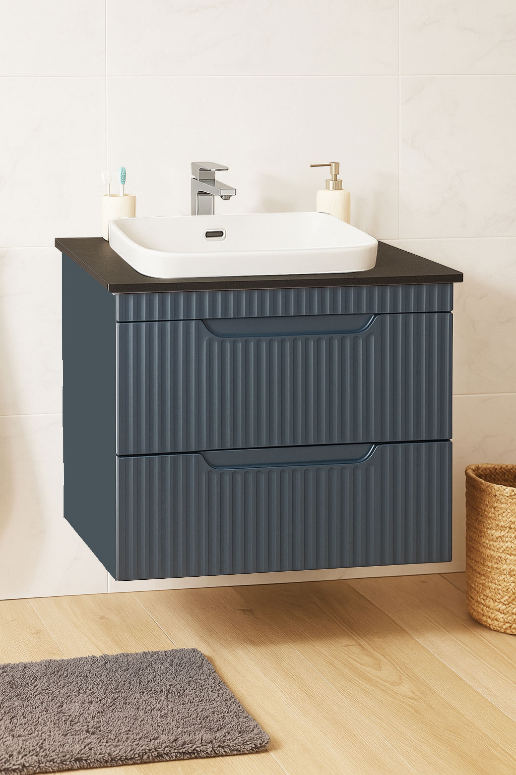 Mobilier Baie MDF cu blat compozit și lavoar, Seria 633, Suspendat, Sertare, 60cm, Antracit