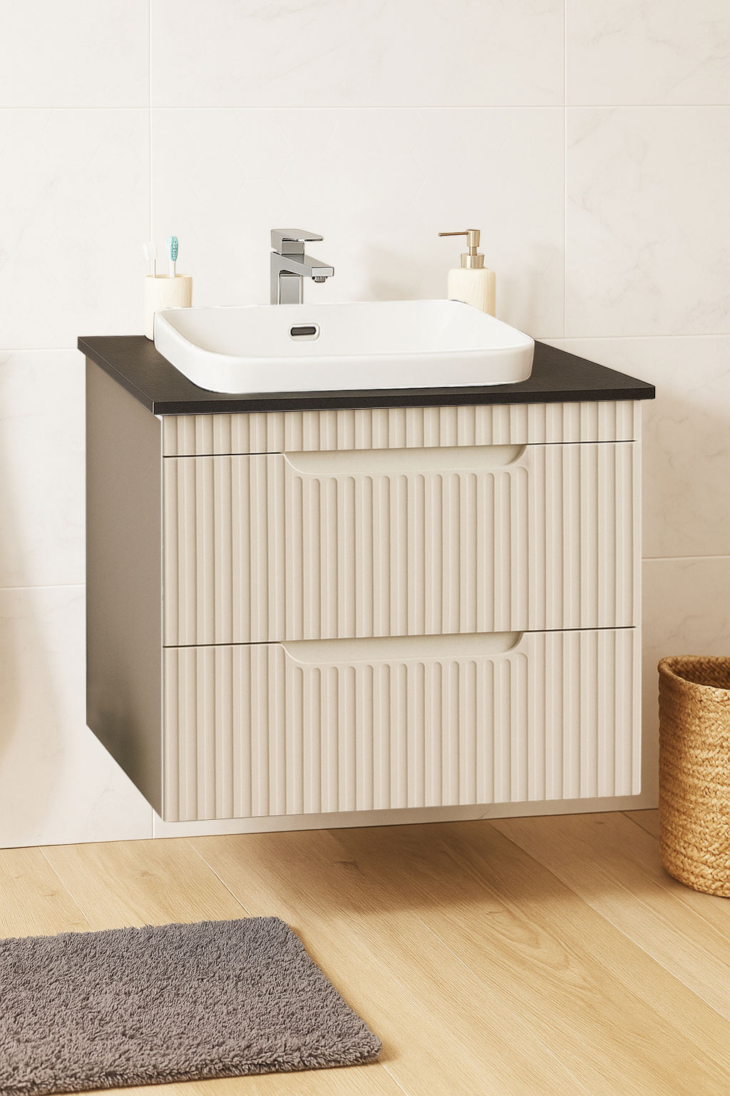 Mobilier Baie MDF cu blat compozit și lavoar, Seria 633, Suspendat, Sertare, 60cm, Crem