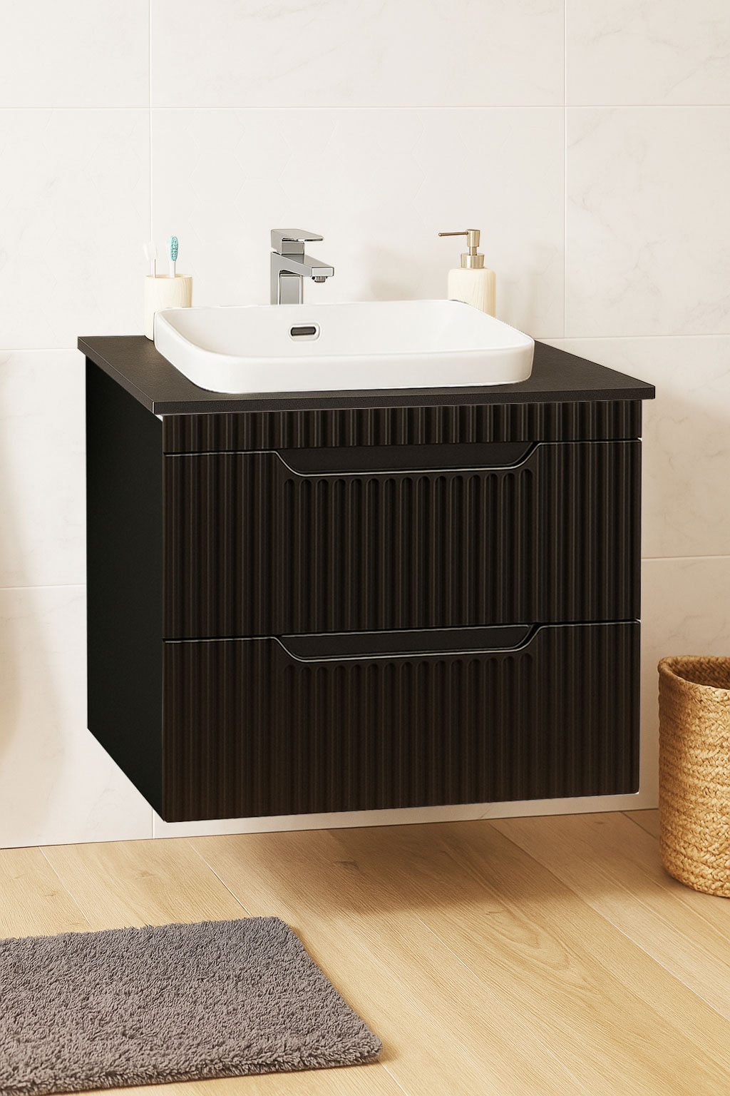 Mobilier Baie MDF cu blat compozit și lavoar, Seria 633, Suspendat, Sertare, 60cm, Negru