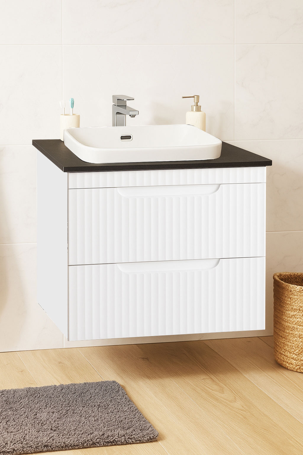 Mobilier Baie MDF KIT cu blat compozit și lavoar, Seria 633, Suspendat, Sertare, 60cm, Alb rustic