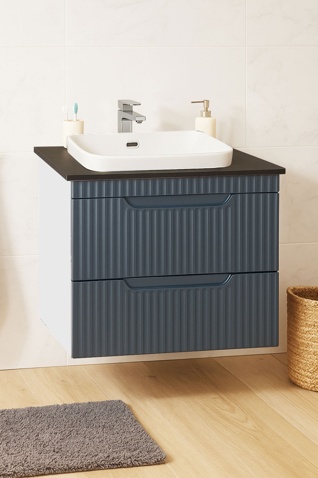 Mobilier Baie MDF KIT cu blat compozit și lavoar, Seria 633, Suspendat, Sertare, 60cm, Antracit