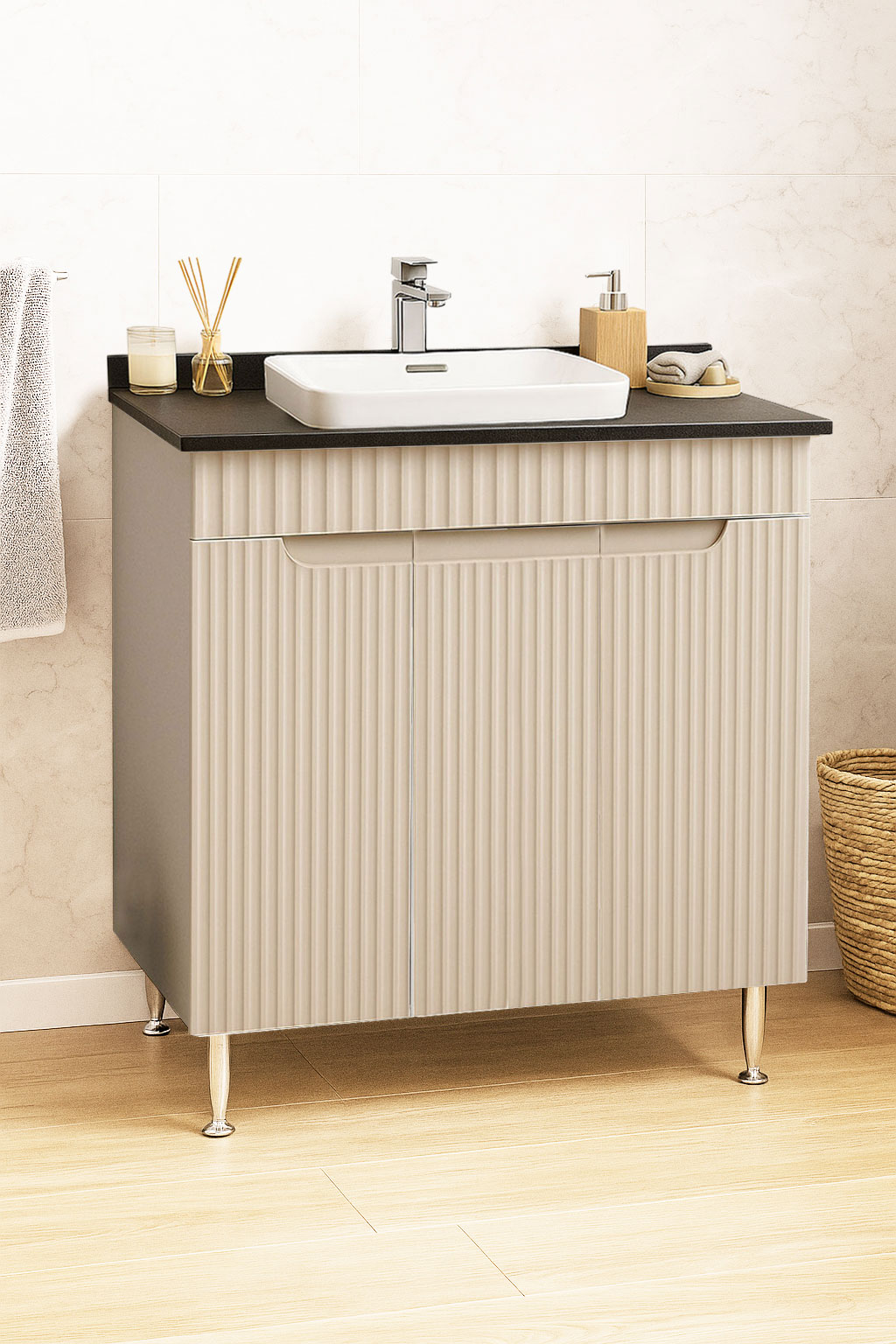 Mobilier Baie MDF cu blat compozit și lavoar ceramică, Seria 633, 80cm, Crem