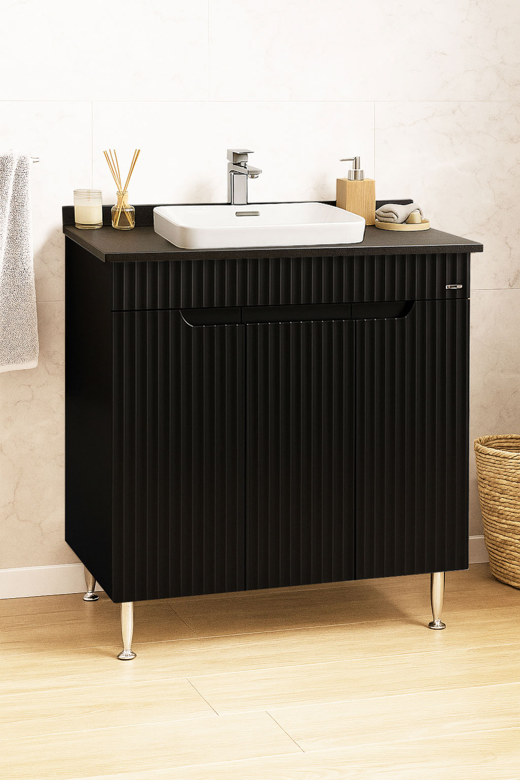 Mobilier Baie MDF cu blat compozit și lavoar ceramică, Seria 633, 80cm, Negru