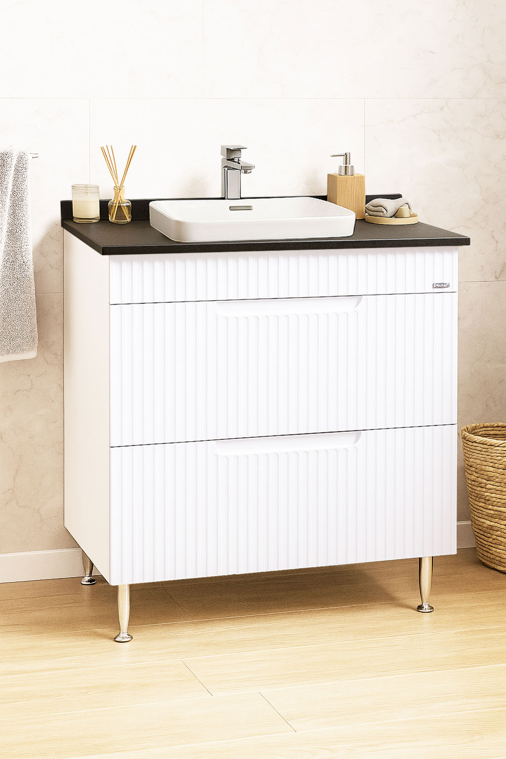 Mobilier Baie MDF cu blat compozit și lavoar ceramică, Seria 633, Sertare, 80cm, Alb rustic