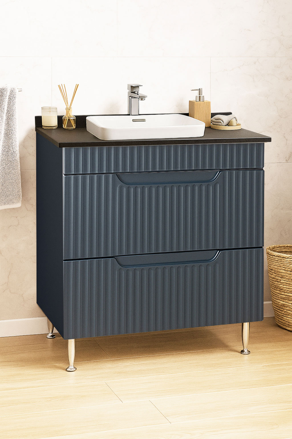 Mobilier Baie MDF cu blat compozit și lavoar ceramică, Seria 633, Sertare, 80cm, Antracit