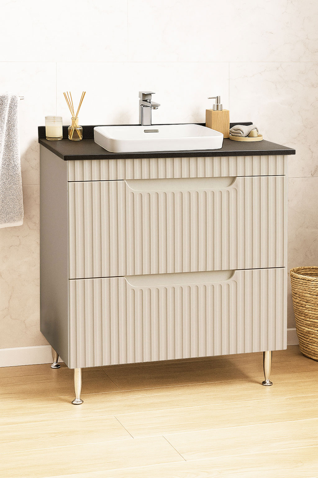 Mobilier Baie MDF cu blat compozit și lavoar ceramică, Seria 633, Sertare, 80cm, Crem