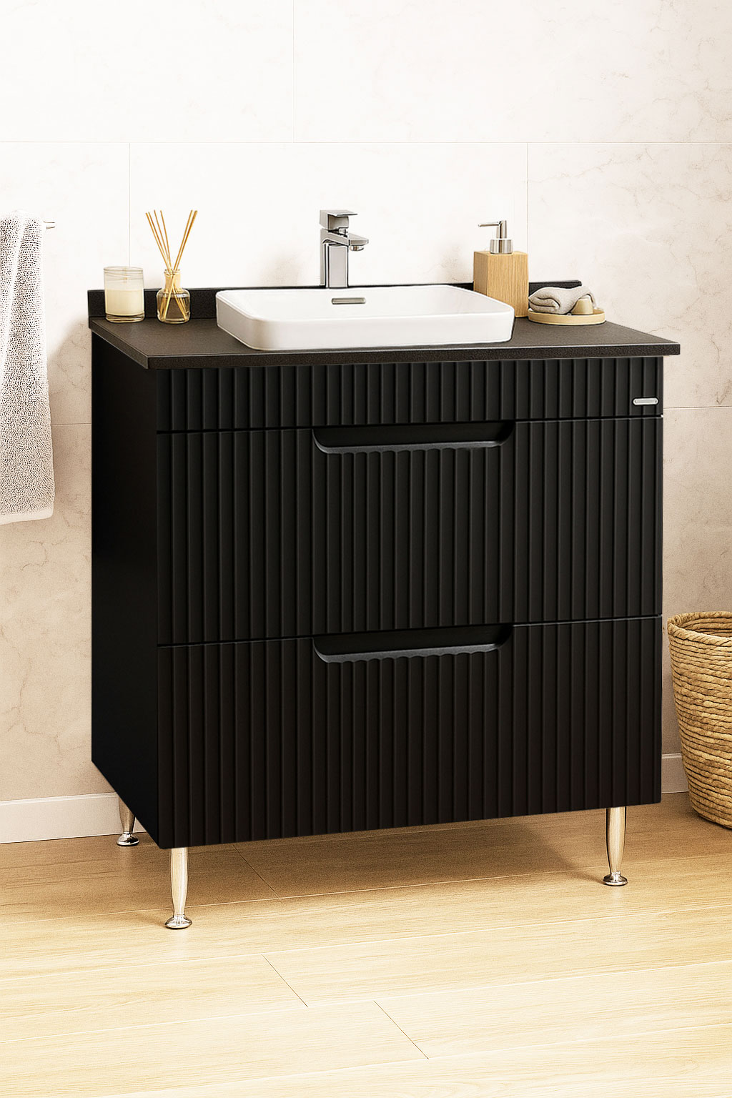 Mobilier Baie MDF cu blat compozit și lavoar ceramică, Seria 633, Sertare, 80cm, Negru