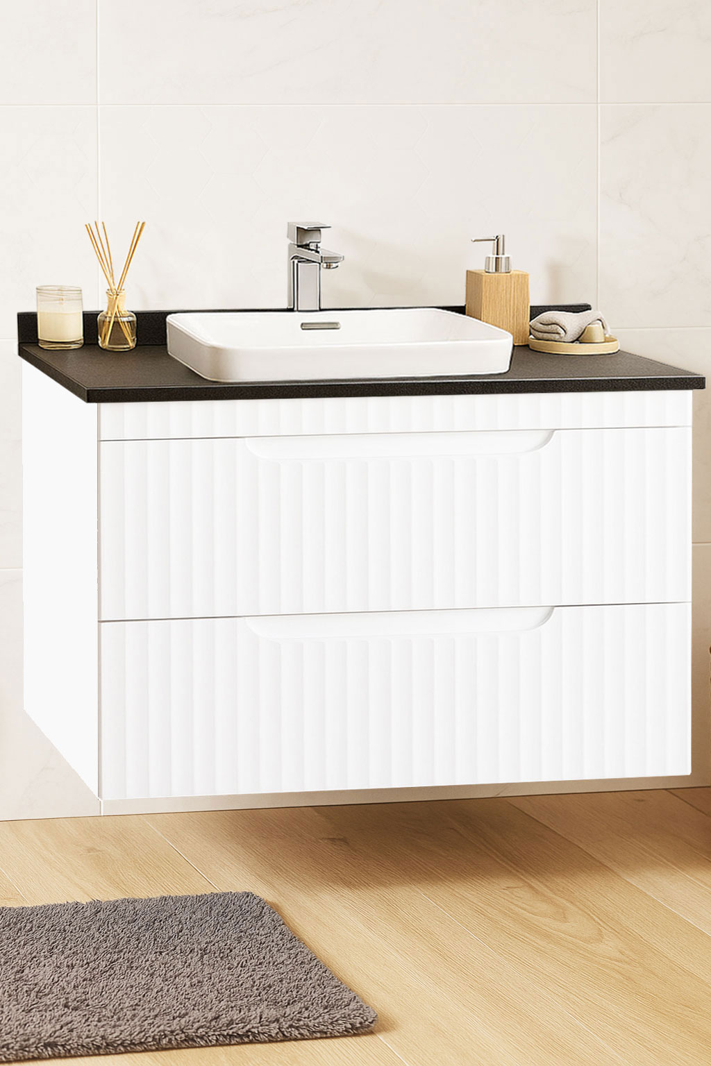 Mobilier Baie MDF cu blat compozit și lavoar ceramică, Seria 633, Suspendat, Sertare, 80cm, Alb rustic